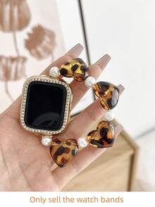 1PC Retro Leopard Print Heart Pearl AppleWatch Band, Fits 38/40/41/42/44/45/46/49mm, Compatible With Series Ultra/SE/10/9/8/7/6/5/4/3/2/1, Acrylic Fashion Luxury Wristband Accessory,Suitable As A Gift For Friends, (Only Selling Watch Bands, No Watches) - Gold - View 7