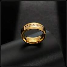 1pc 8mm Gold Plated 7-Stone Synthetic Zirconia Stainless Steel Ring, Unisex, Suitable For Daily Wear, Teacher's Day, Valentine's Day, Independence Day, Anniversary, Father's Day, Graduation, Carnival, Easter Gift - Gold - View 4