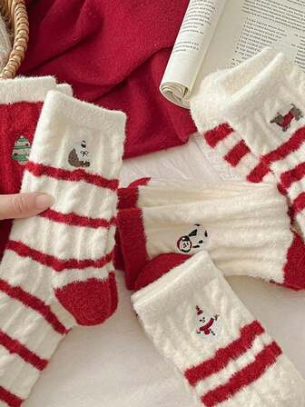 1 Pair Random Red Striped Australian Wool Socks, Women's Mid-Calf Socks, Super Soft Thermal Lined For Warmth, Random Color