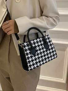 1 Piece Fashion Thousand Bird Check Handbag Square Bag Zipper Opening Shoulder Strap Adjustable Crossbody Bag Suitable For Women's Daily Casual Use - Black - View 6