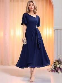 EVERPRETTY Navy Blue Chiffon Bridesmaid Dress With Diamond Decor, Soft Asymmetrical Ruffle Hem, Suitable For Wedding, Formal Dinner - Navy Blue - View 7