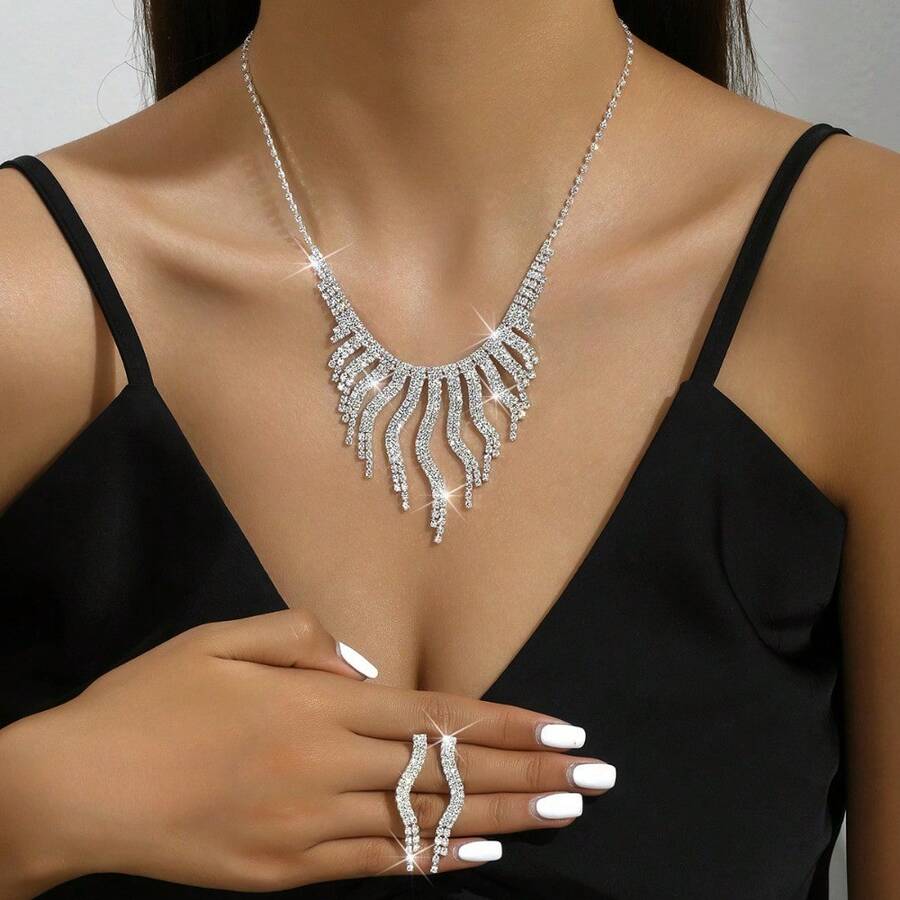 3pcs Set Of Silver Jewelry, Irregular Tassels, Wedding Jewelry, Necklace Set, INS French Style, Personalized, Retro, Fashionable, Versatile, Niche, High-End, Gift Giving, Daily Street Commuting, Gatherings, Celebrations, Festivals, Parties, Wearing - Bạc - Xem 1