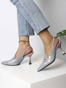 Women's Gray Patent Leather Slingback Heels Pointed Toe Heel Pumps - Xám - Xem 7