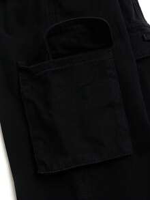 Young Boy's Black Wide Leg Cargo Jeans, Multi-Pocket Design, Adjustable Waist, Casual Denim Workwear Pants, Back To School - Black - View 9