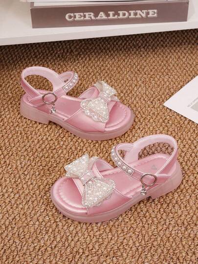 1 Pair Girls' Fashion Pearl Bow Design Flat Princess Bottom Non-Slip Open Toe Sandals, Soft Sole Children's Dance Shoes, Suitable For Summer