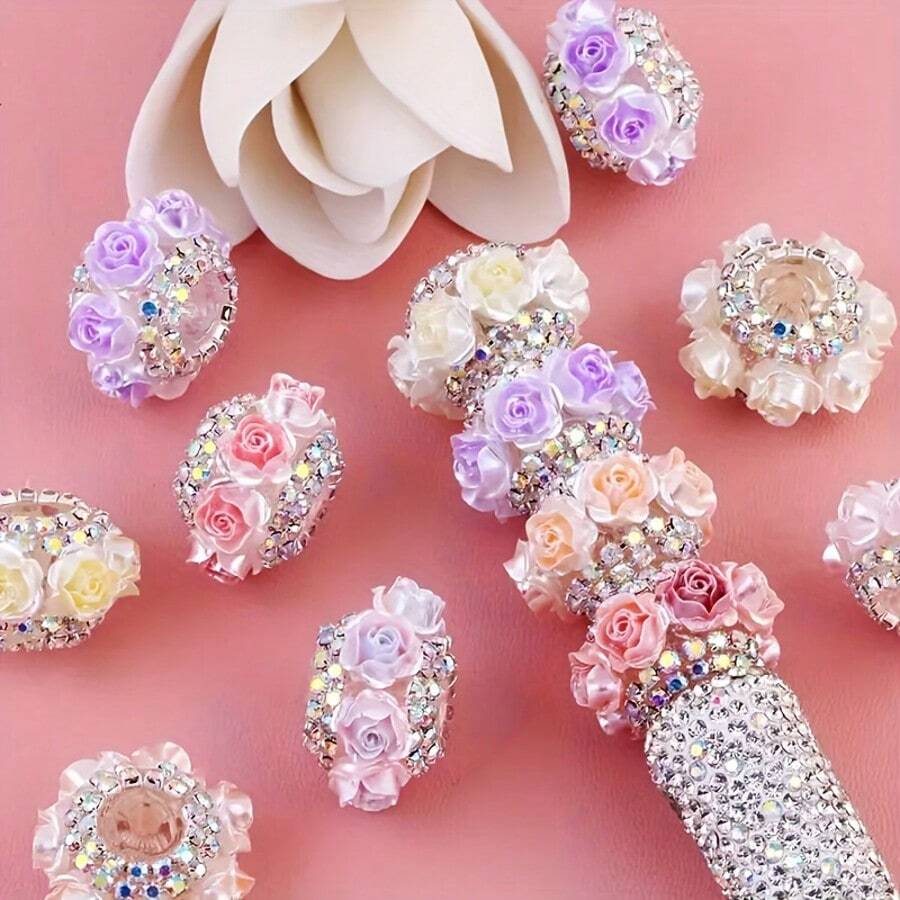 5pcs/10pcs/Pack Mixed Color 3D Simulated Rose Flower Rhinestone Chain Flat Bead Floral Ball, Jewelry Making Beading Craft Kit