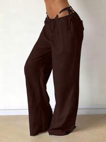 Women's Casual Comfortable Versatile Linen Loose Flowy Wide Leg Pants Spring - Brown - View 4