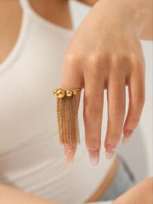 1pc Chain Tassel Open Ring, Zirconia & Pearl Decor, Elegant Jewelry Accessory For Women, Suitable For Daily Wear - Multicolor - View 1