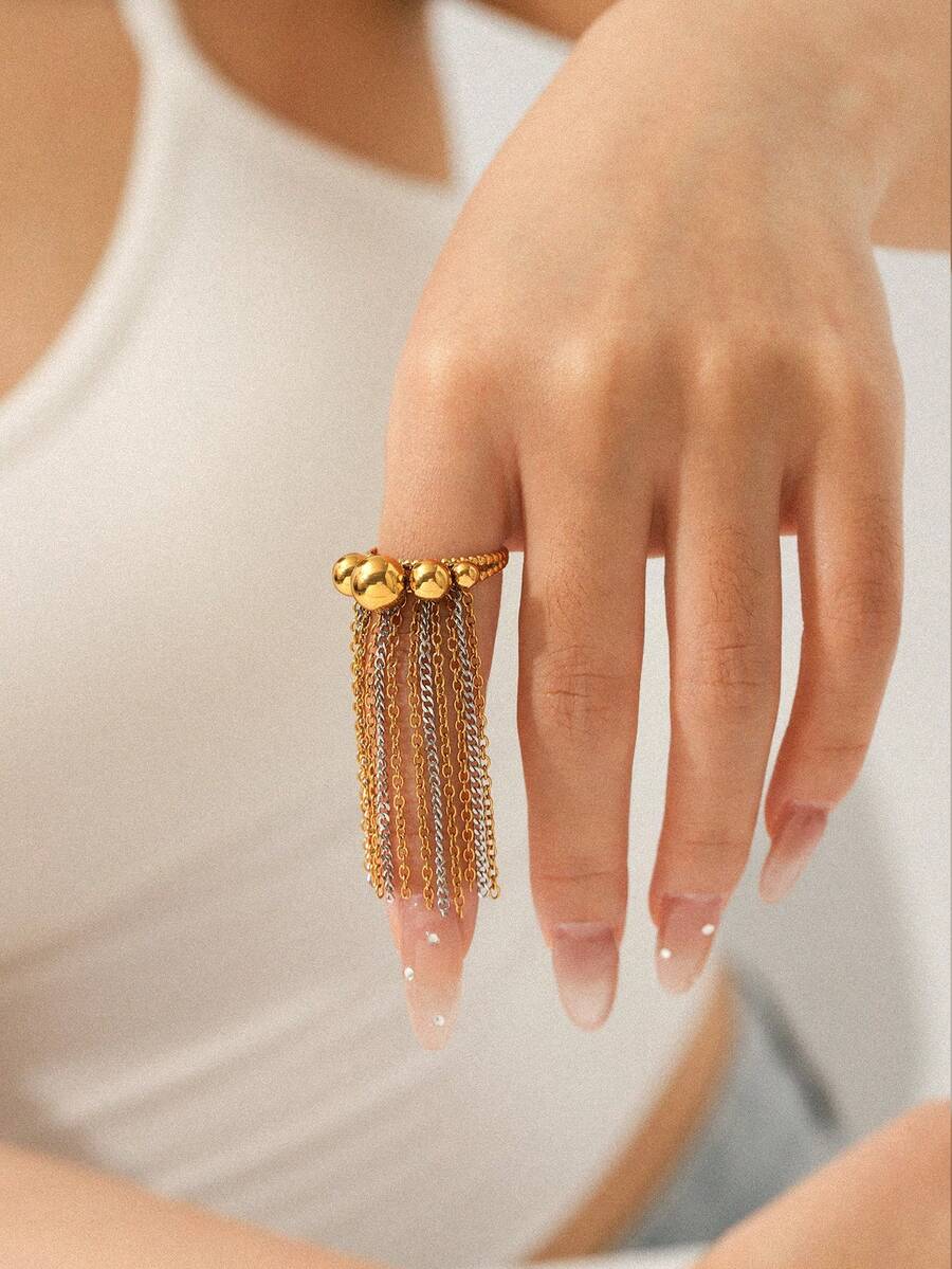 1pc Chain Tassel Open Ring, Zirconia & Pearl Decor, Elegant Jewelry Accessory For Women, Suitable For Daily Wear - Multicolor - View 1