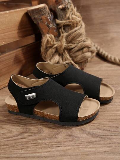 1双儿童/青少年仿麂皮柔软舒适凉鞋，轻便软木鞋底，魔术贴设计方便穿脱，适合3-15岁儿童，夏季海滩度假休闲户外凉鞋