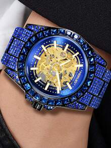 1 Piece Blue Diamond-Encrusted Men's Automatic Mechanical Watch With Alloy Case And Blue Crystal Inlaid Band, Luxury Hollow-Out Dial Timepiece, Eye-Catching Elegant Design​ - 藍色 - 查看 7