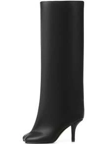 Luxury Fashion Women's Knee High Long Boots Wide Calf Stiletto Kitten Heel Square Toe Tall Boots Winter Fall Boots For Women - 黑色pu - 查看 9