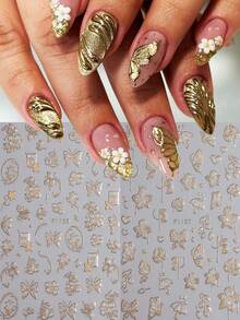 金色闪光叶子、蝴蝶和花朵美甲贴纸，秋季Y2K字母、叶子、花朵和蝴蝶美甲贴花，金色法式线条美甲贴纸，适合女性和女孩DIY美甲沙龙使用 - 彩色 - 查看 3