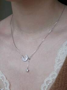 S925 Sterling Silver Synthetic Zirconia Star & Moon Mythology Design Star Tassel Necklace, Suitable For Women's Daily Wear And Gatherings, Elegant Necklace For Gifts On Holidays And Anniversaries - Silver - View 6