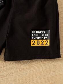 男童休闲条纹字母印花翻领 Polo 衫和短裤两件套，夏季套装 - 黑色 - 查看 8