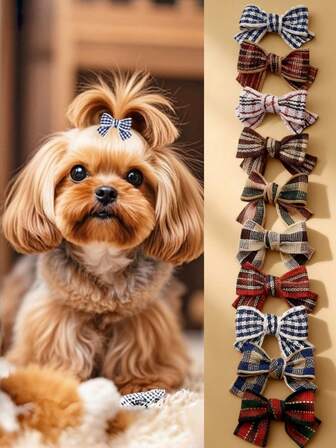 10件套宠物蝴蝶结发夹，优雅可爱格子蝴蝶结狗狗发夹