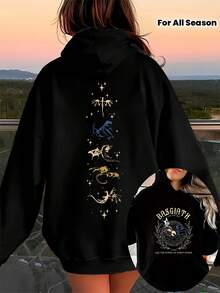 CHICLY19 Women's Oversized BASGIATH Dragon Graphic Hoodie - Black Long Sleeve Pullover With Gold/Blue Dragon Print, Star Accents & Front Logo Design. Loose Fit Casual Sweatshirt For All Seasons, Streetwear Style, Daily Wear, Vacation & Back To School. Cozy Soft Fabric, Kangaroo Pocket, Fantasy-Inspired Hooded Top For Teens & Young Adults. Perfect For Fall/Winter Layering Or Spring Autum Outfits. - 黑色 - 查看 2