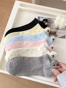 5 pares de calcetines de tobillo transpirables y de corte bajo con diseño de orejas de cachorros lindos y aleatorios - Multicolor - Ver 4