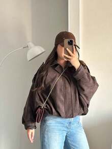 山茶花女士休闲百搭仿麂皮飞行员夹克，春秋季 - 咖啡棕 - 查看 7