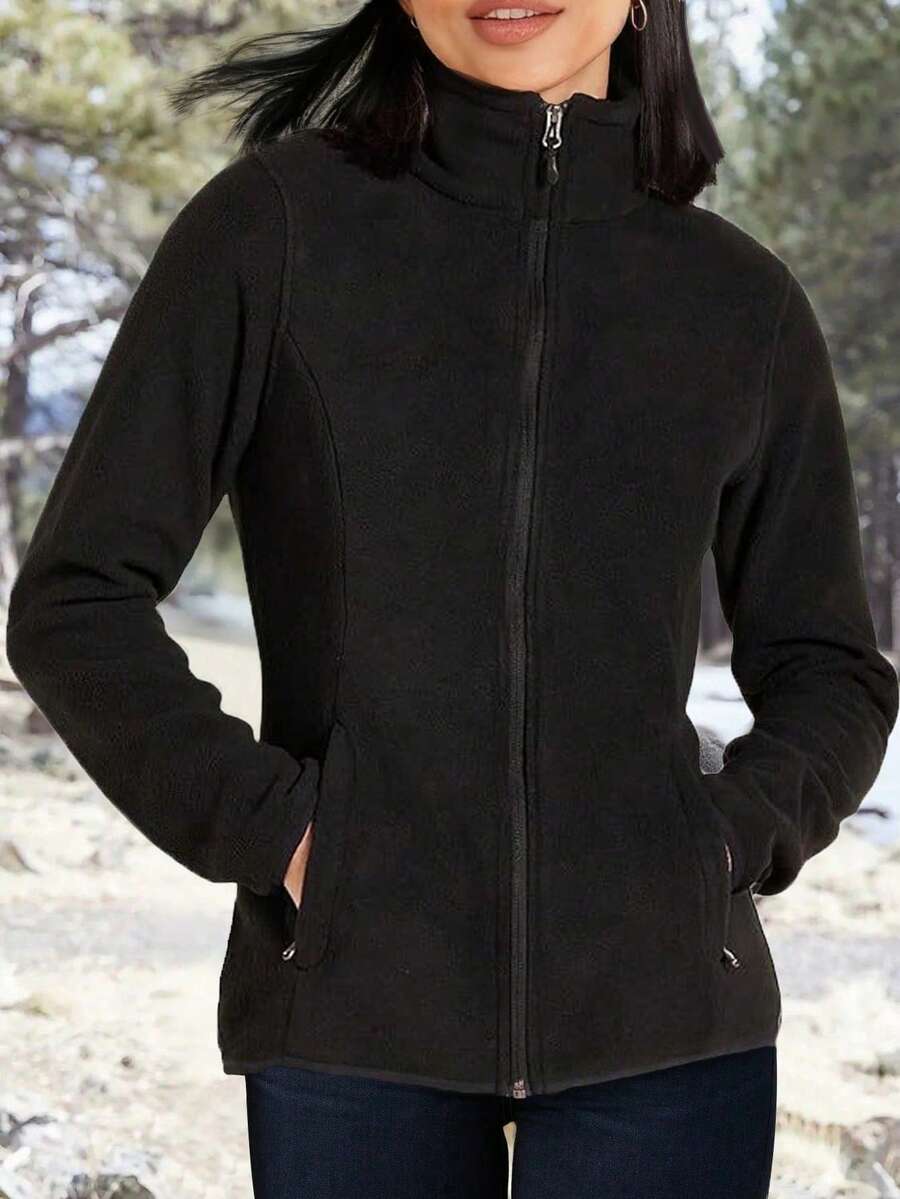 女士冬季外套 经典版型 全拉链 极地柔软抓绒夹克 带口袋 秋/春季保暖服装 修身 毛绒套装 - 黑色 - 查看 1