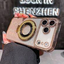 Luxury Shiny Sequin Camera Rhinestone Ring Holder Gradient Glitter Electroplated Phone Case, Compatible With 17 Pro Max Air 16 15 14 13 12 11 Pro Max X XS Max 6S 7 8 Plus SE2 3, Orange, Silver, Pink Holder Phone Case, Suitable For Girls And Women - Gold - View 6