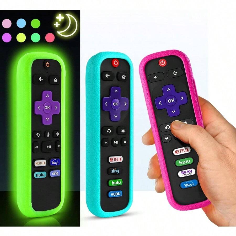 AWYY3Pack ONEBOM Cover For Roku Remote Case For  Roku TV Steaming Stick/Hisense/Express Replacement Controller Universal Silicone Sleeve Skin Glow In The Dark (Glow Green+Rose Red+Sky Blue) - 螢光綠,天藍,玫瑰紅 - 查看 1