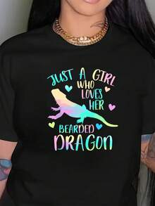 Women's Bearded Dragon Lover Pattern T-Shirt - Casual Fabric, Round Neck Design, Comfortable For All Seasons, Plus-Size Letter Print Short-Sleeve Top, Perfect For Daily Wear, Loose Fit, Stylish Print, Breathable Material, Soft Fabric, A Must-Have For Reptile Enthusiasts - 黑色 - 查看 6