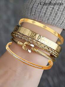 Camhanno 5/1pc Fashionable High-End Stainless Steel Bracelet Daily Commute Stylish Style Diverse Lines Highlight Outfit Taste - Silver - View 1