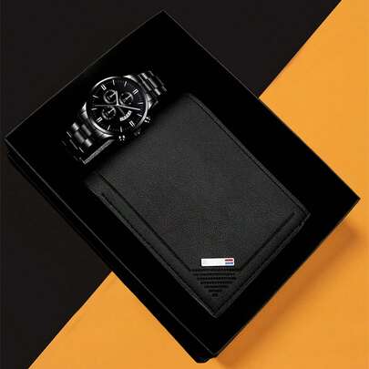 Bộ quà tặng, quà cưới, quà sinh nhật, quà Giáng sinh, quà tặng cho người yêu, cha, thầy cô, quà họp mặt thường niên công ty, nhân viên, doanh nhân. Đồng hồ thạch anh thời trang cổ điển dành cho nam + Ví + Hộp quà