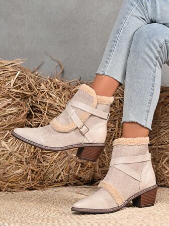 Damen Kunstfell Patchwork Metall Schnalle Spitze Blockabsatz Knöchel Stiefel, einfarbig Western Stil Kurze Stiefel für Lässig Tragen, Herbst/Winter, Beige
