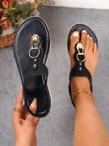 Women's Flat Linen Rope Thong Slip-On Round Toe Flat Sandals With Rivet, Hollow Toe Anti-Slip Flat Sandals, Outdoor Flat Women Flip Flops - Black - View 8