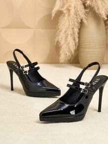 SVRM Women's High Heel Pointed Toe Faux Patent Leather Metal Buckle Elastic Back Strap Mary Jane Pumps, Elegant Office & Commute Shoes - Black - View 4