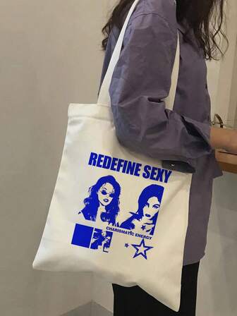 Women's One Shoulder Bag With Girl Portrait Print, Fashion Canvas Tote Bag With Adjustable Strap, Casual Handbag For Shopping, Work, School, Travel, Gift