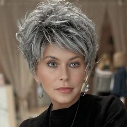 Peluca de cabello humano gris sin pegamento de 4 pulgadas con corte pixie - Cabello brasileño con flequillo, fácil de usar, look recto y con capas, ideal para el cosplay, fiestas y citas de mujeres, regalo para el carnaval/Navidad/Día de Acción de Gracias/Año Nuevo, estilo de la ola coreana, estilo K-pop, peluca de cosplay, peluca de fiesta, peluca de boda, peluca de festival