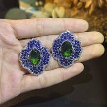 1 Pair Luxury Cubic Zirconia Flower Stud Earrings, Suitable For Women To Wear On Formal Occasions And Celebrations - Silver+Blue - View 1