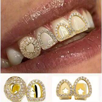 2Pcs Hip Hop Heart-Shaped Double Hollow Grillz – Shiny Gold Dental Accessories | Gold-Plated Realistic Copper, Unisex | Perfect For Christmas Gatherings, Party Costumes & Cosplay Props