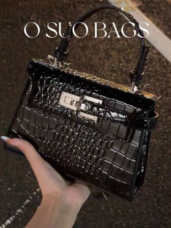 1 pieza Nuevo bolso de mano de mujer con estampado de cocodrilo, correa para el hombro y decoración metálica, bolso cuadrado casual, bolso bandolera cruzado adecuado para ir al trabajo, uso diario y compras