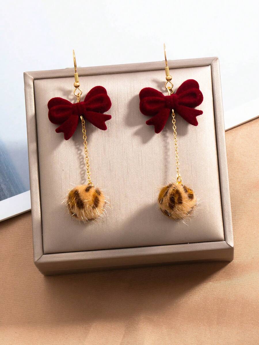 1 Pair Autumn/Winter Elegant Wine Red Bow Tassel Fluffy Leopard Print Ball Drop Earrings For Women - Bow-tie Leopard Print Pom-pom - View 1