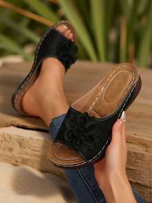 Women's Solid Color Wedge Slide Sandals, Casual Open Toe Retro Thick Bottom Ladies Sandals, Summer Floral Slippers, Non-Slip Wedge Slip-On Beach Sandals - Black - View 6
