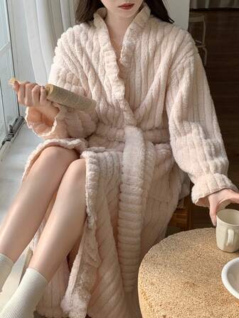 Bata de mujer de felpa esponjosa - Bata de baño casual con capucha, botones y bolsillos, de tela jacquard de unicolor, tela de punto, ropa de estar en casa para adultos