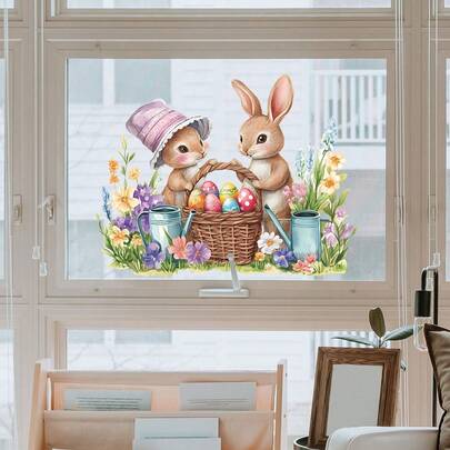 1 片可移除复活节彩蛋、兔子和花朵窗贴，适用于卧室、客厅、玄关等复活节装饰