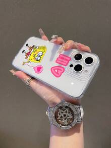 SpongeBob SquarePants 1pc Transparent Space Case Cartoon SpongeBob Heart Balloon Letter Pattern Perforated Anti-Drop Phone Case Protective Cover Suitable Compatible With Samsung/Apple 17/16/15/14/13/12/11Pro Max/12Pro/14Plus And Other Models - Multicolor - View 4
