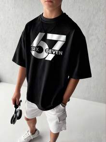 Camiseta de cuello redondo de manga corta con estampado informal para niños preadolescentes, top de verano - Negro - Ver 10