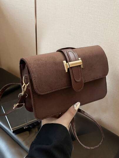 1pc Mini Solid Color Metal Buckle Decor Brown Suede Bag, Adjustable Shoulder Strap, Flap Cover Fashion Women Crossbody Bag For Daily Use, Shopping, Dating