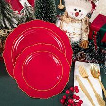 175 Red Plastic Dinner Plates - Includes 50 Plates, 25 Packs Of Pre-Rolled Napkins (With Utensils), And 25 Wedding Cups With Red Gold Trim Disposable Plates - 25-Person Baroque-Style Plastic Cutlery Set,Valentine's Day - 紅色 - 查看 2