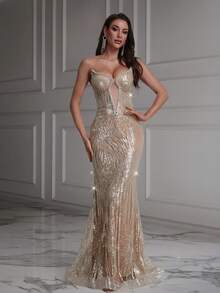 Astony One 优雅性感裸色薄纱晚礼服，饰以精致闪亮的串珠，这款露背深V领美人鱼礼服非常适合鸡尾酒会、正式晚宴、订婚仪式、毕业典礼、海滩度假、音乐节、嘉年华、生日派对、婚礼和红毯活动。 - 杏色 - 查看 5