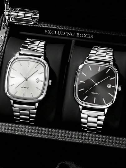 2pcs/Set Minimalist Business Men's Wrist Watch, Featuring Vintage Square Dial And Stainless Steel Strap, Available In Black And White Colors. Versatile Design Suitable For Daily Commute And Business Occasions, Makes A Thoughtful Gift For Boyfriend Or Brother. Perfect For Birthday, Christmas, Or Everyday Wear, Showcasing A Steady And Elegant Vibe. Packaging Not Included.