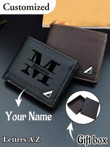 Customized Men's Short Wallet In Solid Color With Letter Print, Made Of PU Leather, PU Simple Bifold Multi-Card Slots Wallet, Personalized Gift For Brother, Father, Boyfriend,Anniversaries, Father's Day, And Christmas,Valentine's Day - Multicolor - View 4