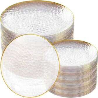 50/25/10pcs 7.5in/10.25in Transparent Gold Rim Hammered Plates - Round Dinnerware, Elegant Tableware, Floral Design, Suitable For Party, Wedding, Holiday And Dining, Christmas