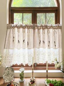 1件,波西米亚乡村风纯色短窗帘,木珠蝴蝶结绳饰拼接白色刺绣蕾丝,适用于小窗户、厨房窗户、咖啡厅半窗帘。 - 米色 - 查看 3